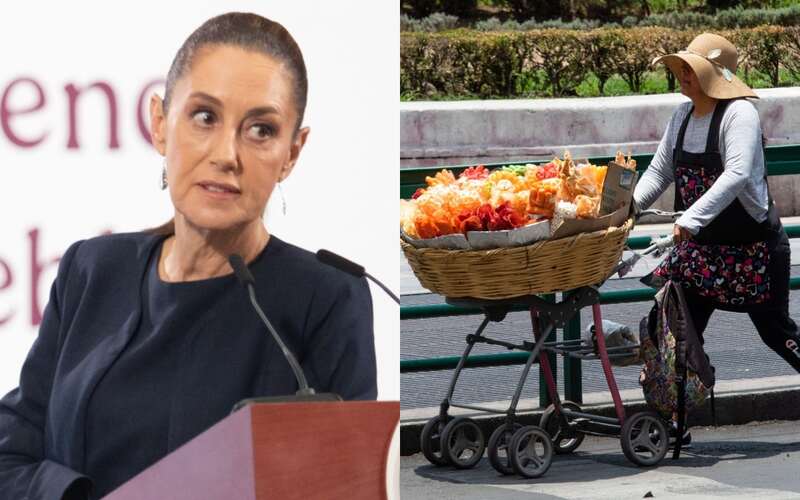 La presidenta Claudia Sheinbaum habló sobre la importancia de mantener la comida chatarra fuera de las escuelas Claudia Sheinbaum, presidenta de México, y un vendedor de papas ambulante