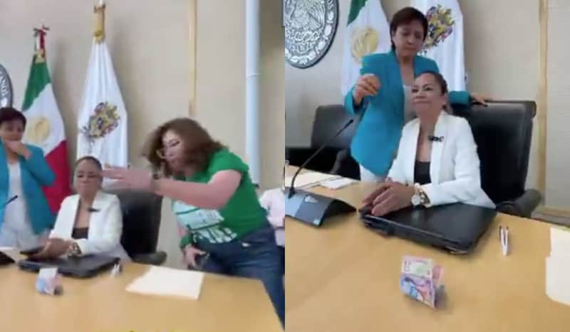 Luz Itzel Mendo, diputada local del PVEM y Sandra Pedraza, diputada de MC en el Congreso de Guanajuato Diputada aventándole billetes a legisladora del Partido Verde