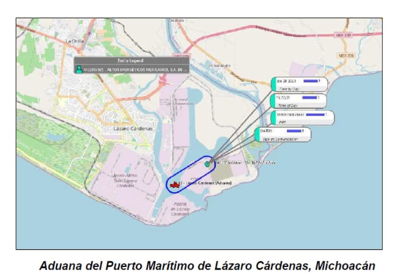 Trabajos de inteligencia revelaron el patrón de movimientos de los principales operadores de la red de huachicol fiscal, trazando un mapa que conectaba a ejecutivos de empresas fantasma con siete aduanas marítimas. Mapa del huachicol fiscal