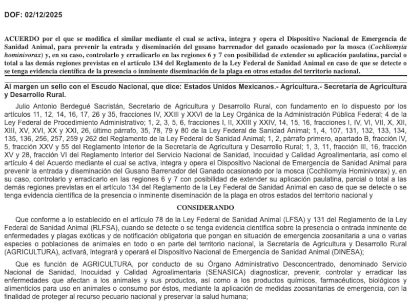 diario oficial de la federación gusano barrenador