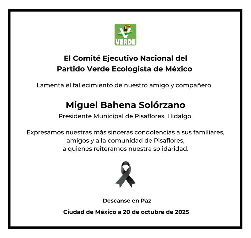 El PVEM expresó su “profunda consternación” y condenó enérgicamente el “cobarde asesinato” de Miguel Bahena Solórzano. Comunicado de PVEM