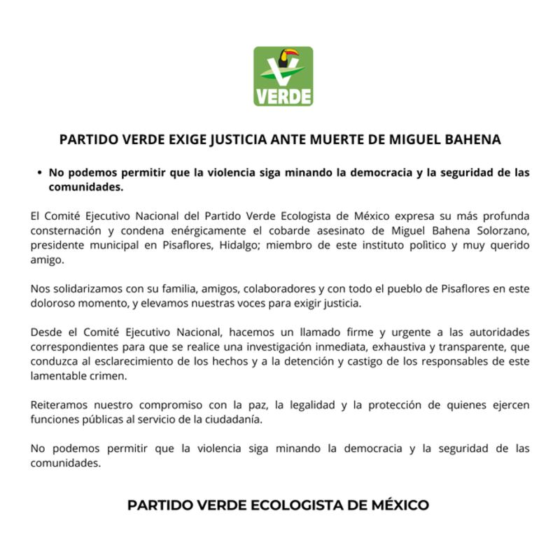 El PVEM hizo un llamado firme y urgente a las autoridades para que se realice una investigación inmediata, exhaustiva y transparente. Comunicado de PVEM