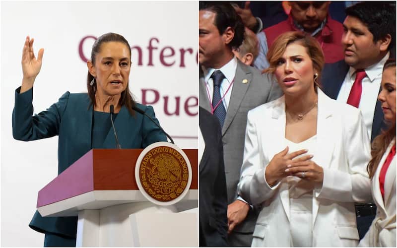 La presidenta Claudia Sheinbaum y la gobernadora de Baja California, Marina del Pilar. Sheinbaum hablando en su mañanera y Marina del Pilar con cara de preocupación durante un evento.