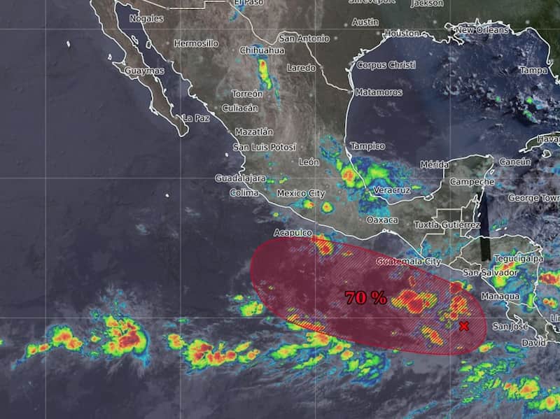 Desarrollo de zona de baja presión en el Pacífico. Mapa que muestra el posible desarrollo de un ciclón en las costas del Pacífico.