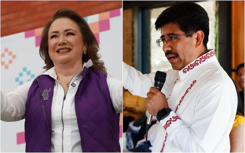 Yasmín Esquivel y Hugo Aguilar. La ministra Yasmín Esquivel sonriendo y Hugo Aguilar Ortiz sosteniendo un micrófono para hablar.