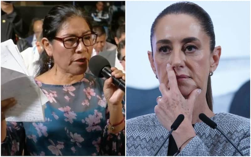 Reyna Haydee y Claudia Sheinbaum. Reyna Haydee en la conferencia matutina de Sheinbaum y la presidenta de México en su mañanera desde Palacio Nacional.