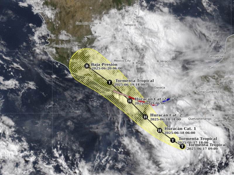 Trayectoria de tormenta tropical 'Erick'. Mapa satelital del SMN sobre la trayectoria y comportamiento de la tormenta tropical 'Erick'.