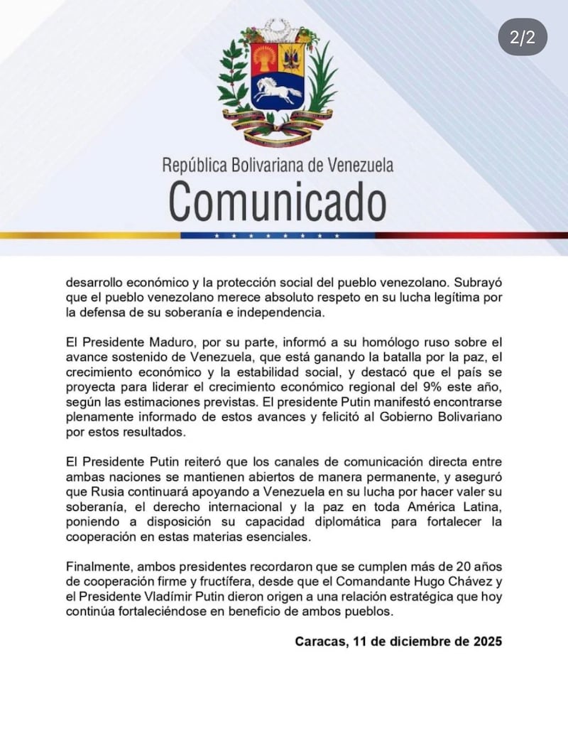 Comunicado llamada Maduro-Putin Pt.2