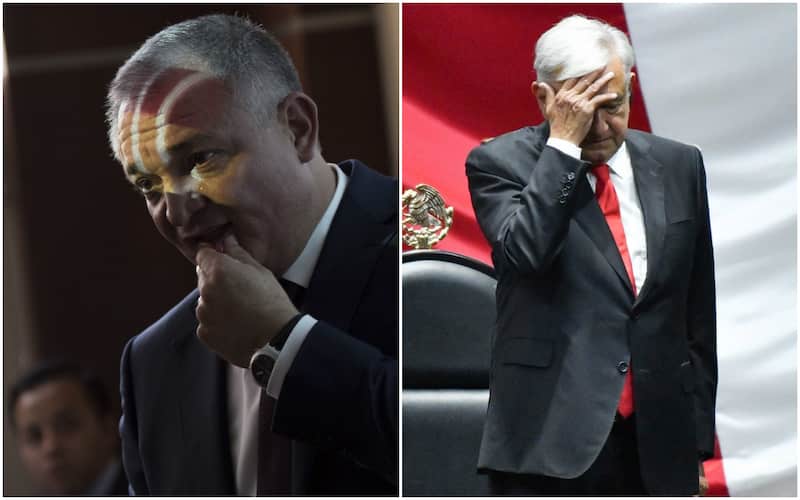 Genaro García Luna y Andrés Manuel López Obrador. García Luna nervioso y López Obrador tocándose la frente.