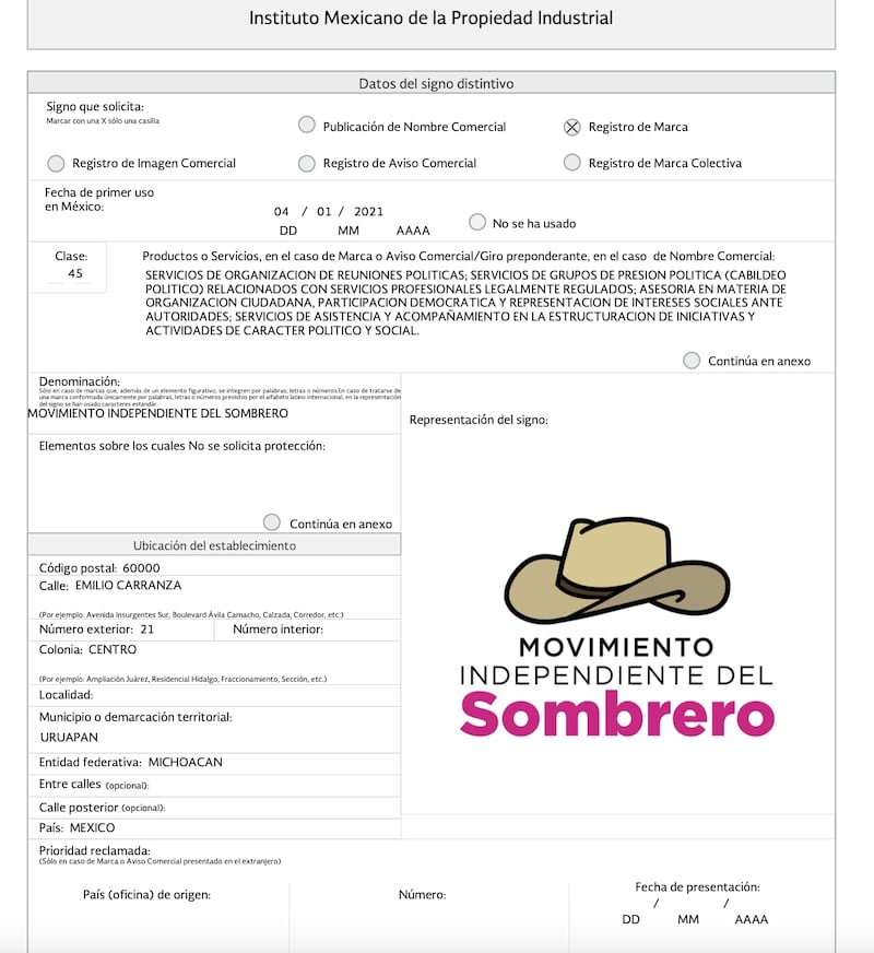 Registro del Movimiento Independiente del Sombrero por Grecia Quiroz ante el IMPI Registro del Movimiento Independiente del Sombrero