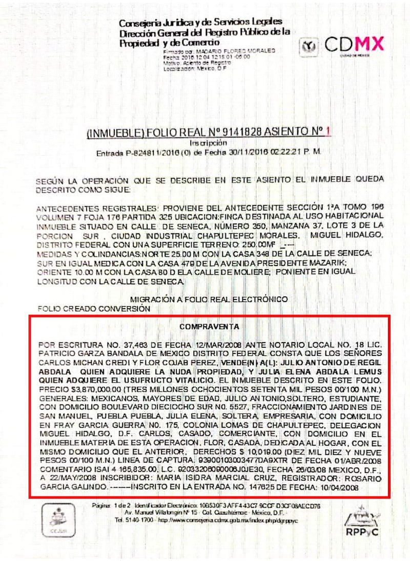 El folio de la propiedad revela que Julio de Regil Abdalá sigue siendo el dueño de la propiedad: MCCI El folio de la propiedad revela que Julio de Regil Abdalá sigue siendo el dueño de la propiedad: MCCI