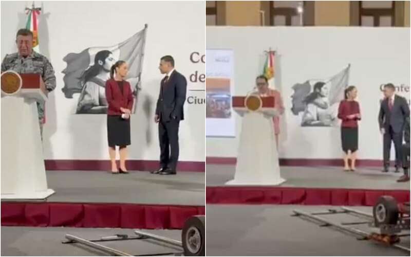 Sheinbaum y Harfuch. La presidenta de México y el secretario de Seguridad hablando en la mañanera del martes 20 de mayo.