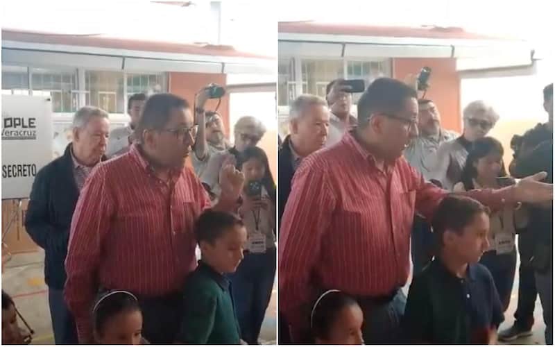 Silvio Lagos, candidato del PRI por la presidencia municipal de Xalapa. Silvio Lagos interrogando a uno de los funcionarios de casilla al momento de emitir su voto.