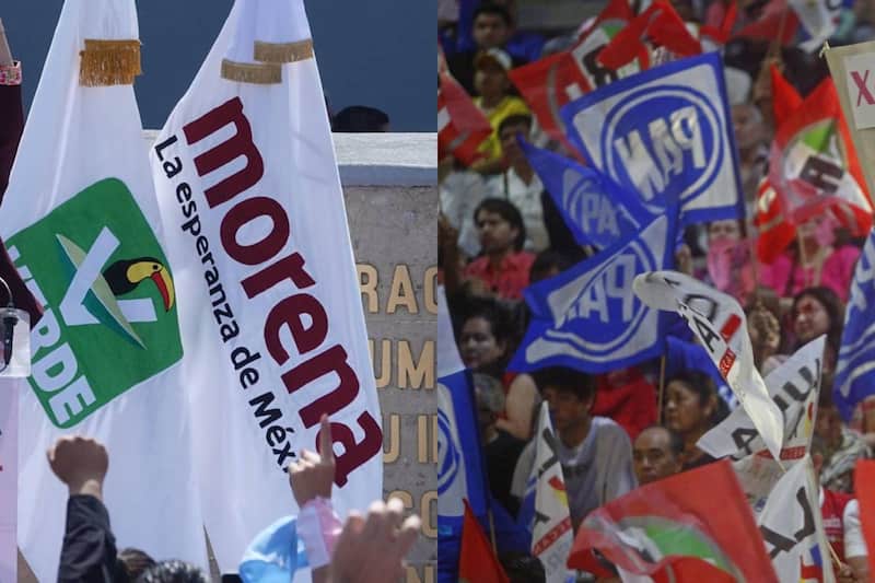 Banderas de Morena, PVEM, PAN y PRI Banderas de Morena, PVEM, PAN y PRI durante mitines políticos.