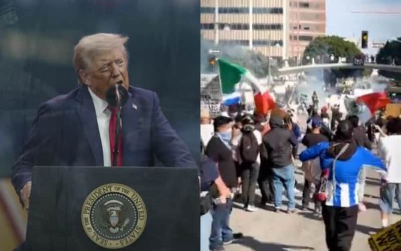 El presidente Donald Trump presumió la libertad de su país, pero continúan los enfrentamientos entre policías y manifestantes El presidente Donald Trump y manifestaciones en Los Ángeles