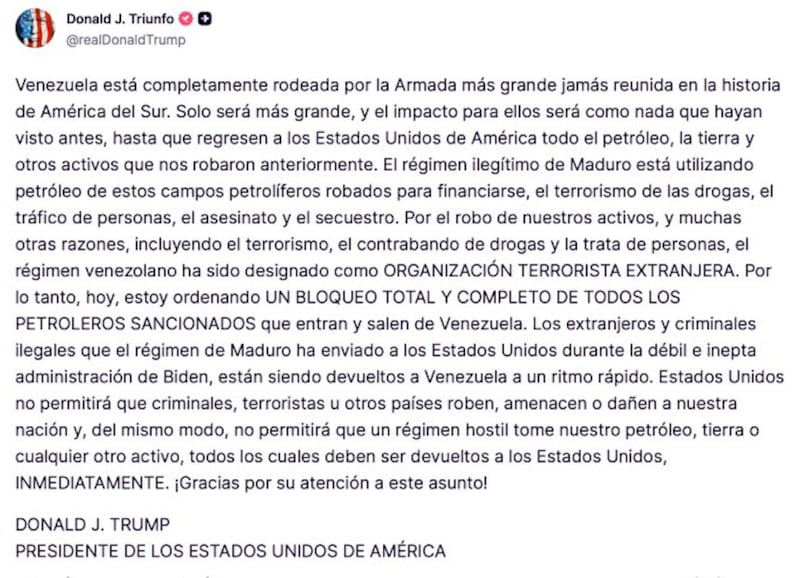 Donald Trump designó a Venezuela como organización terrorista extranjera Donald Trump