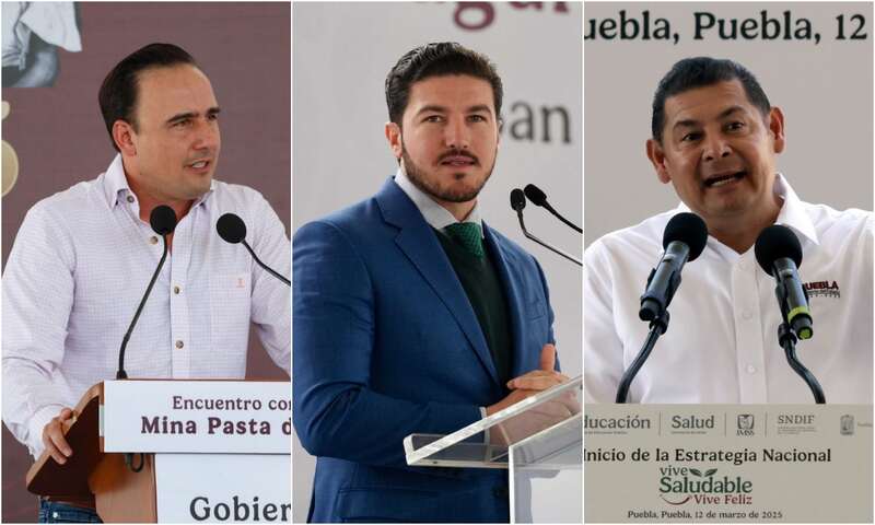Manolo Jiménez, Samuel García y Alejandro Armenta. El gobernador de Coahuila, Manolo Jiménez, en evento público; el gobernador de Nuevo León, Samuel García, hablando desde un podio; y el gobernador de Puebla, Alejandro Armenta, expresándose en un evento del Gobierno de México.