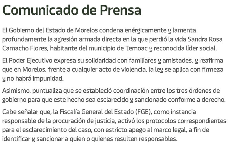 Comunicado de prensa del gobierno de Morelos
