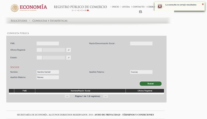 Empresas de Sandra Cuevas sin registro público