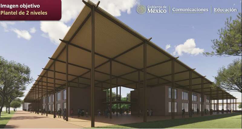 Fachada de uno de los prototipos de las nuevas preparatorias de gobierno. Nuevas preparatorias de Sheinbaum