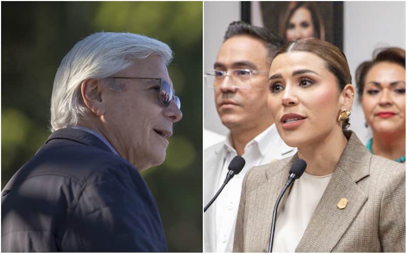 Jaime Bonilla y Marina del Pilar. El exgobernador de Baja California con lentes de sol y la gobernadora de Baja California en conferencia de prensa.