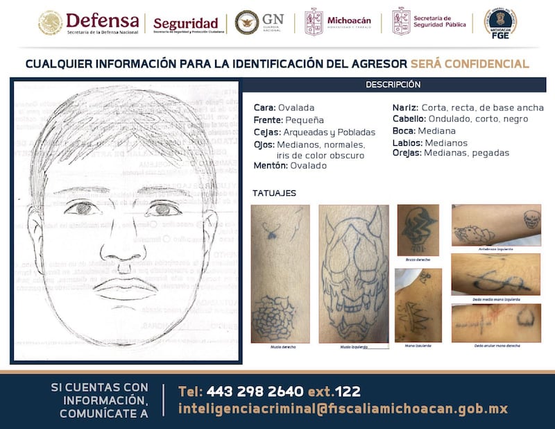 La Fiscalía michoacana reveló un retrato hablado de la persona que asesinó al alcalde de Uruapan, Carlos Manzo, el pasado 1 de noviembre. Retrato hablado del agresor de Carlos Manzo