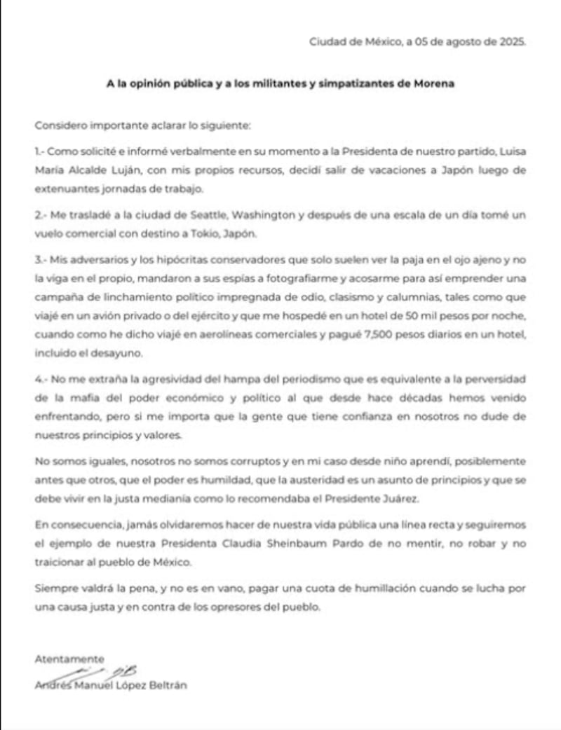 Carta Andy López Beltrán sobre viaje a Japón