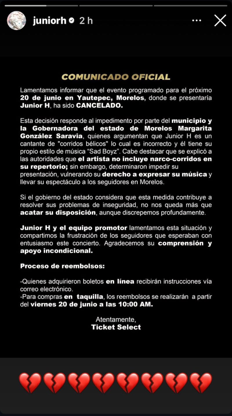 Junior H anunció cancelación de su concierto en Morelos