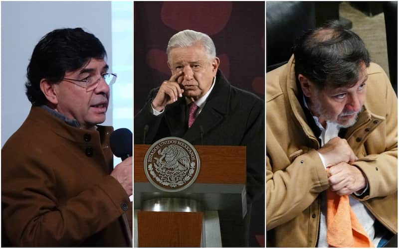 Jesús Ramírez, López Obrador y Noroña. Jesús Ramírez hablando en una mañanera, AMLO en una conferencia matutina, y Noroña en el Senado.