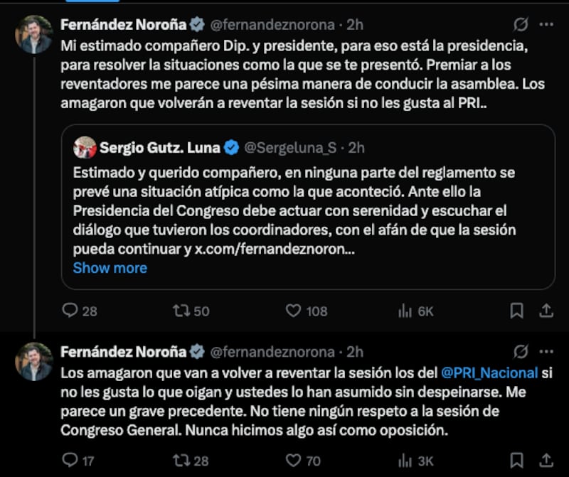 Noroña vs Gutiérrez Luna en X