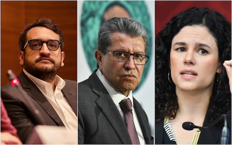 Andrés Manuel López Beltrán, Ricardo Monreal y Luisa María Alcalde. 'Andy' López Beltrán en evento partidista; Monreal en conferencia de prensa en San Lázaro; Luisa Alcalde hablando.