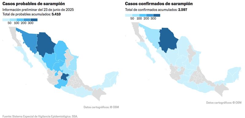 Casos de sarampión acumulados y confirmados en México