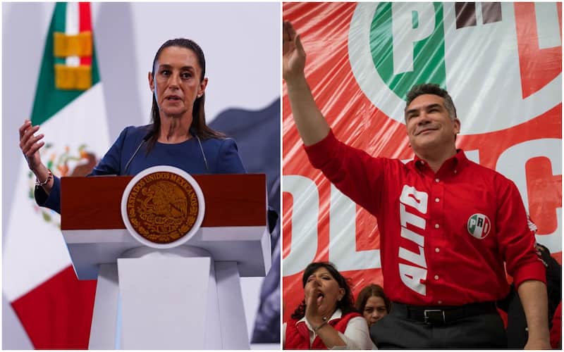 Claudia Sheinbaum, presidenta de México; y Alejandro Moreno, dirigente nacional del PRI. Sheinbaum hablando en su mañanera y Alejandro Moreno saludando en un evento partidista del PRI.