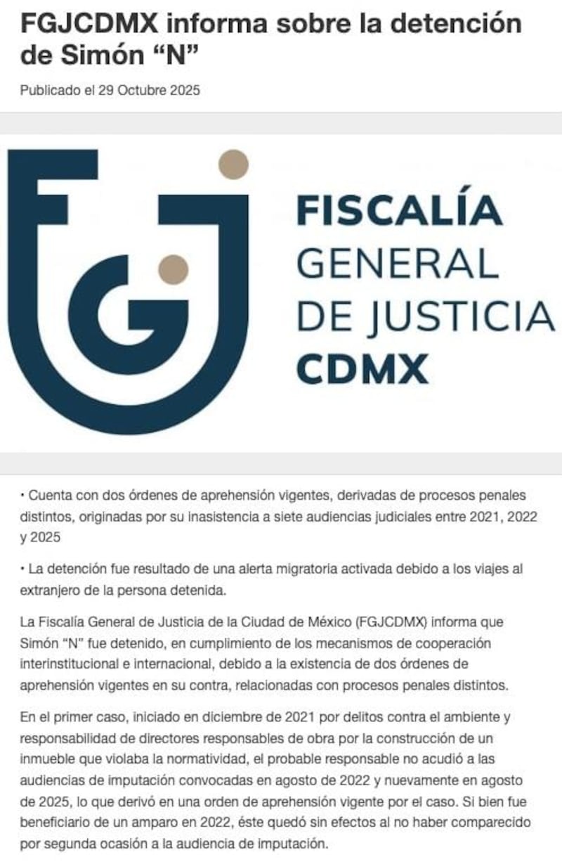 Comunicado de la Fiscalía de la CDMX. Fiscalía CDMX Comunicado Simón Levy