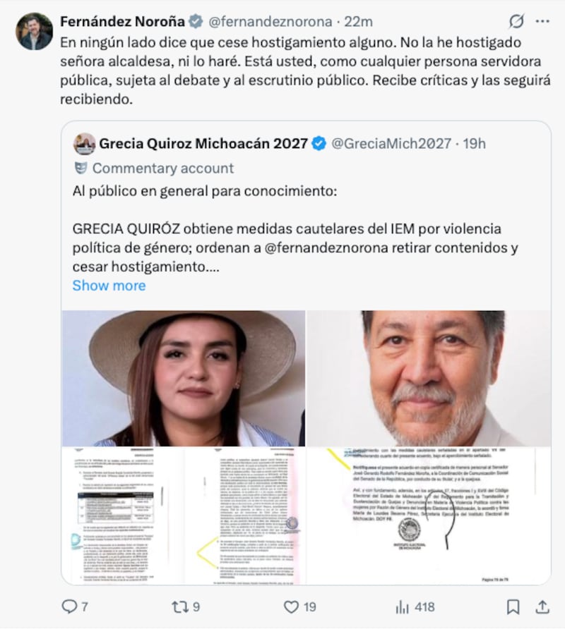 El senador Gerardo Fernández Noroña respondió a las medidas impuestas por el Instituto Electoral de Michoacán (IEM) tras la denuncia por violencia política de género presentada por la alcaldesa de Uruapan, Grecia Quiroz García. Tuit Noroña sobre Grecia Quiroz