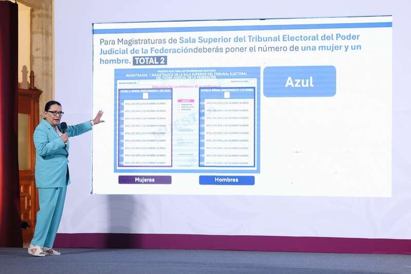 Rosa Icela Rodríguez presenta las boletas electorales para renovar el Poder Judicial. Elección Judicial.