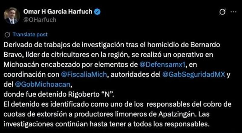 Tuit sobre captura de Rigoberto 'N'