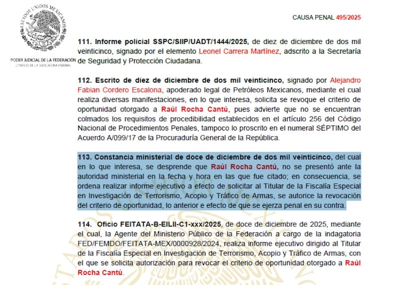 raul rocha orden aprensión causa