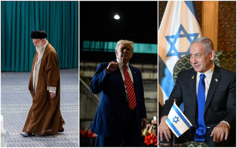 Ali Khamenei, Donald Trump y Benjamín Netanyahu. Ali Khamenei, líder supremo de Irán; Trump, presidente de Estados Unidos; Netanyahu, primer ministro de Israel.