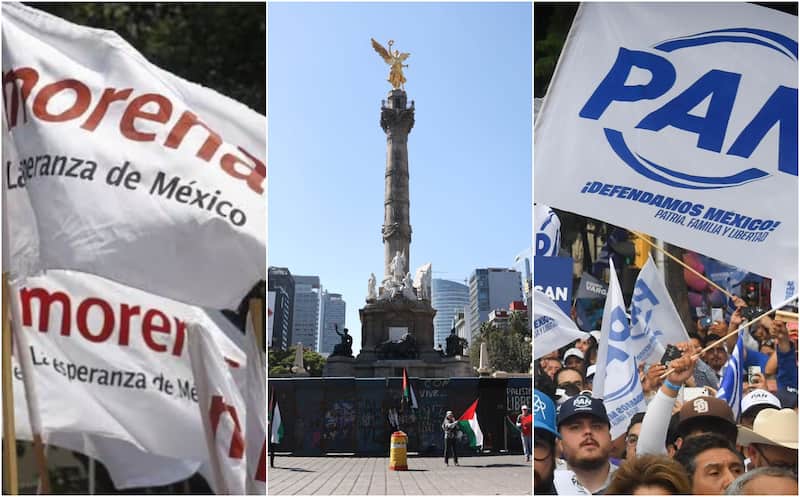 De acuerdo a una encuesta realizada por Massive Caller, Morena domina la preferencia de partidos en 12 alcaldías, pero los careos internos muestran aspirantes de la oposición con amplias ventajas en otros bastiones. Imagen de simpatizantes de Morena y el PAN, junto al Ángel de la Independencia.