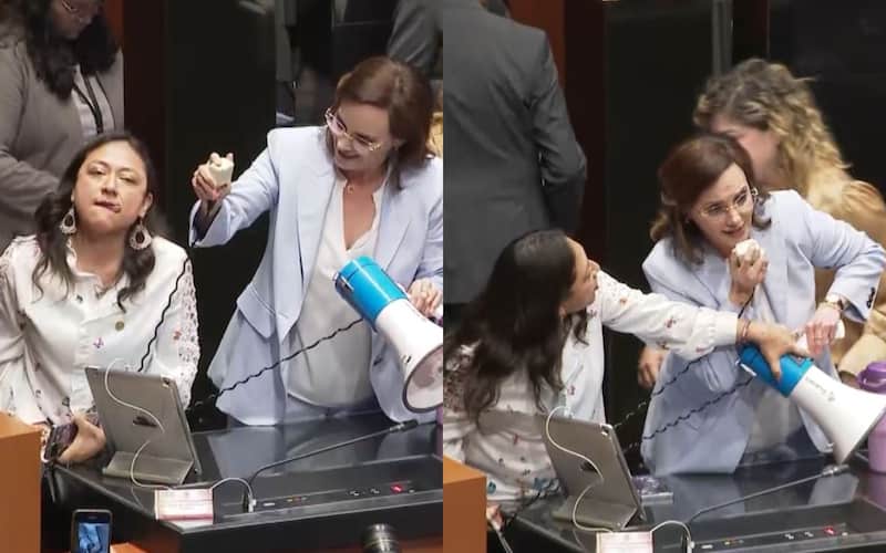 La senadora Karina Ruiz de Morena y la diputada Lilia Aguilar trataron de acallar las protestas de Lilly Téllez La senadora Karina Ruiz de Morena, la diputada Lilia Aguilar y la senadora Lilly Téllez forcejeando en sesión de la Comisión Permanente