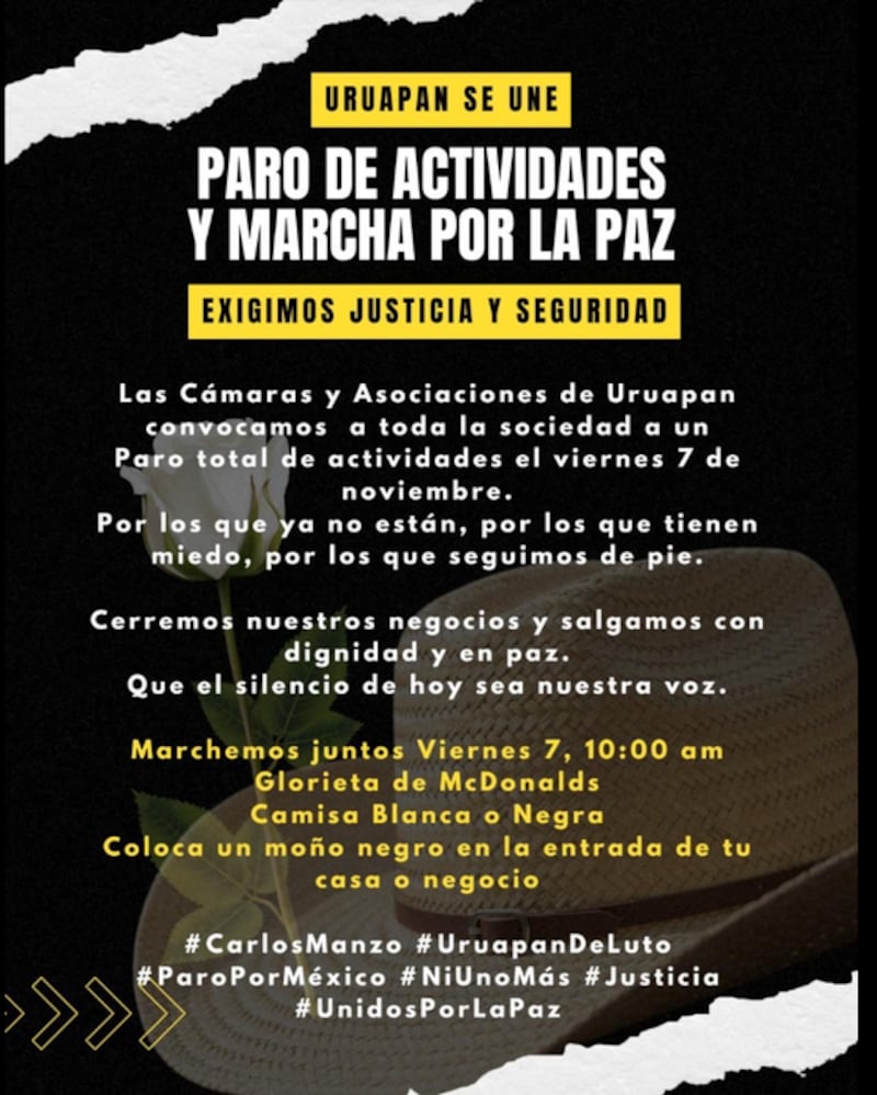 Comerciantes, empresarios y ciudadanos de Uruapan detendrán actividades para exigir justicia y seguridad tras el crimen del alcalde Carlos Manzo. Paro y Marcha por la Paz