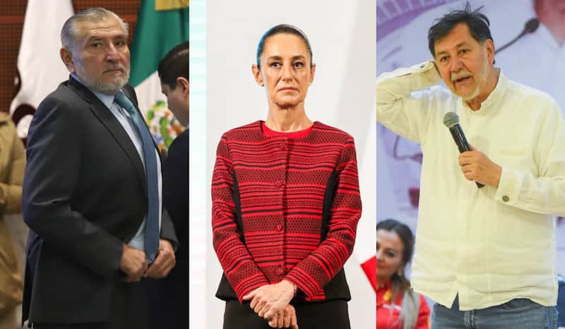 Adán Augusto López, coordinador de Morena en el Senado; Claudia Sheinbaum, presidenta de México; Gerardo Fernández Noroña, presidente del Senado Adán Augusto de pie acomodandose el pantalón en el Senado; Sheinbaum de pie con las manos al frente en la mañanera; Noroña hablando en el micrófono en un evento.