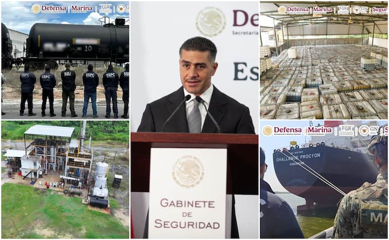 El secretario de Seguridad y Protección Ciudadana ha puesto “mano dura” contra el tráfico de combustible ilegal. Imágen del Omar García Harfuch y de lo asegurado en diferentes operativos.
