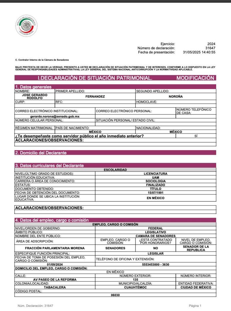 Declaración patrimonial Noroña