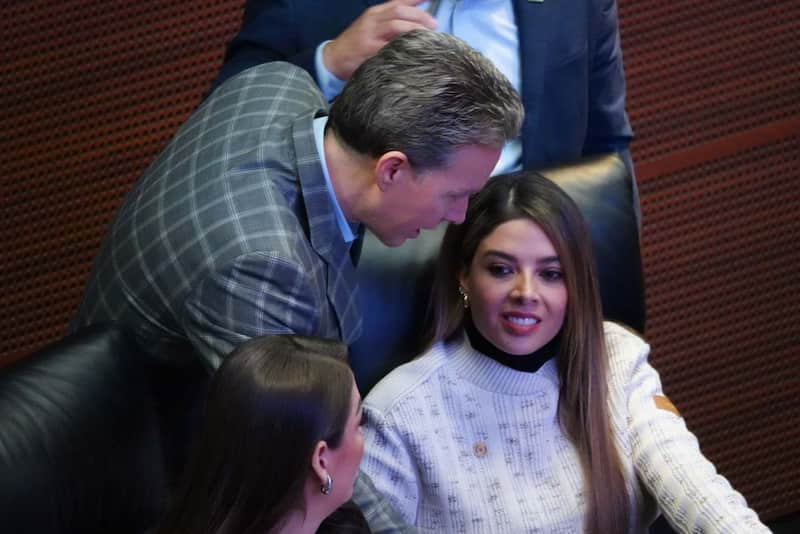 Responsabilizan al PVEM por retraso en la reforma contra nepotismo. Los senadores Manuel Velasco y Ruth González Silva conversaron durante la Sesión Ordinaria en el Senado de la República.