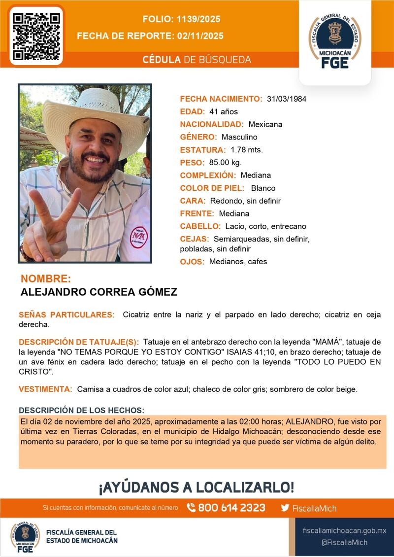 En medio de una crisis de inseguridad que vive el estado, Alejandro Correa Gómez fue visto por última vez el 2 de noviembre en el municipio de Hidalgo. Alejandro Correa Gómez