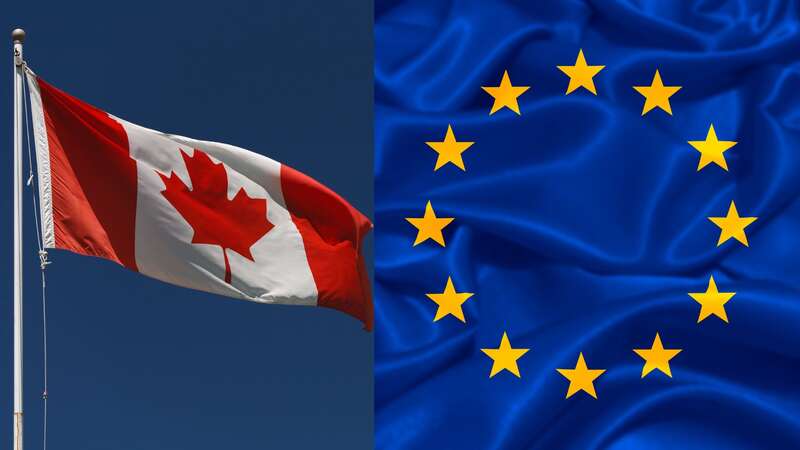 Guerra arancelaria vs EUA Banderas de Canadá y la UE.