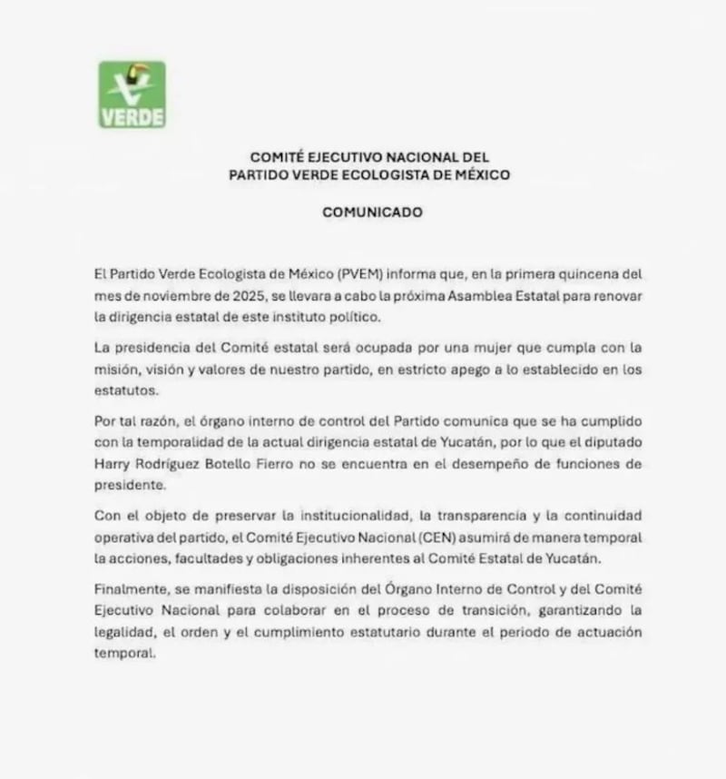 Comunicado del PVEM. Comunicado PVEM