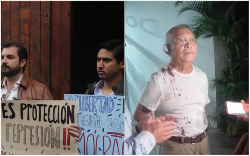 Protestas contra Ley de Ciberseguridad en Puebla y el periodista Jorge González Valdez. Collage con imágenes de protestas en Puebla y del periodista Jorge González Valdez con sangre en la oreja.